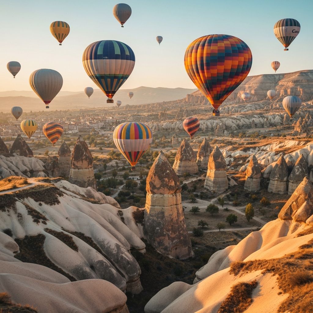 Balões coloridos sobrevoando as formações rochosas únicas da Capadócia ao nascer do sol
