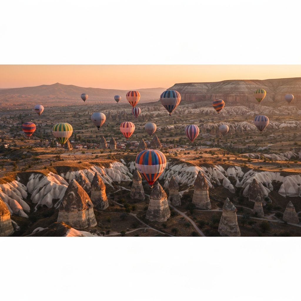 Balões coloridos sobrevoando as formações rochosas únicas da Capadócia ao nascer do sol, Turquia